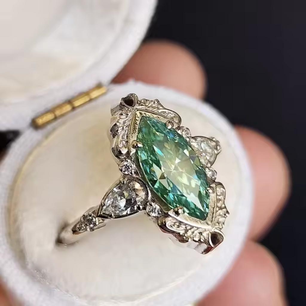 Marquise Green Crystal Ring with Vintage Halo