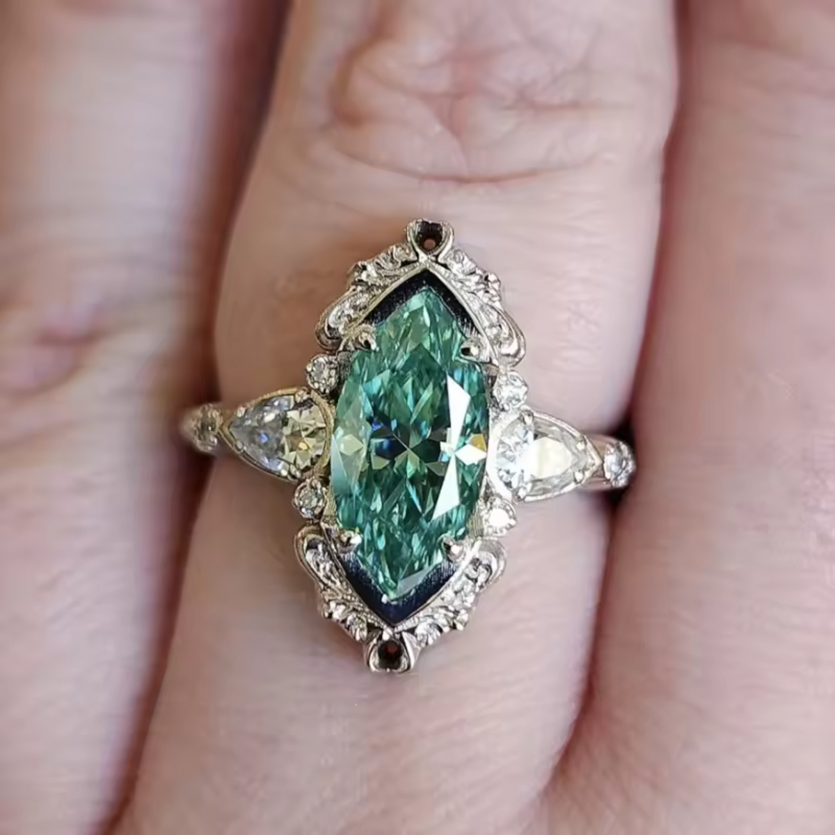 Marquise Green Crystal Ring with Vintage Halo
