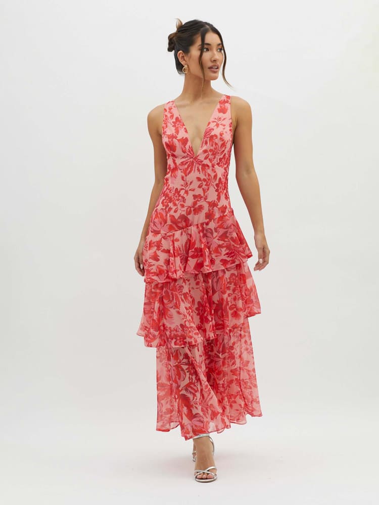Floral Sleeveless Deep V-Neck Tiered Maxi Dress