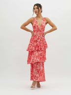 Floral Sleeveless Deep V-Neck Tiered Maxi Dress