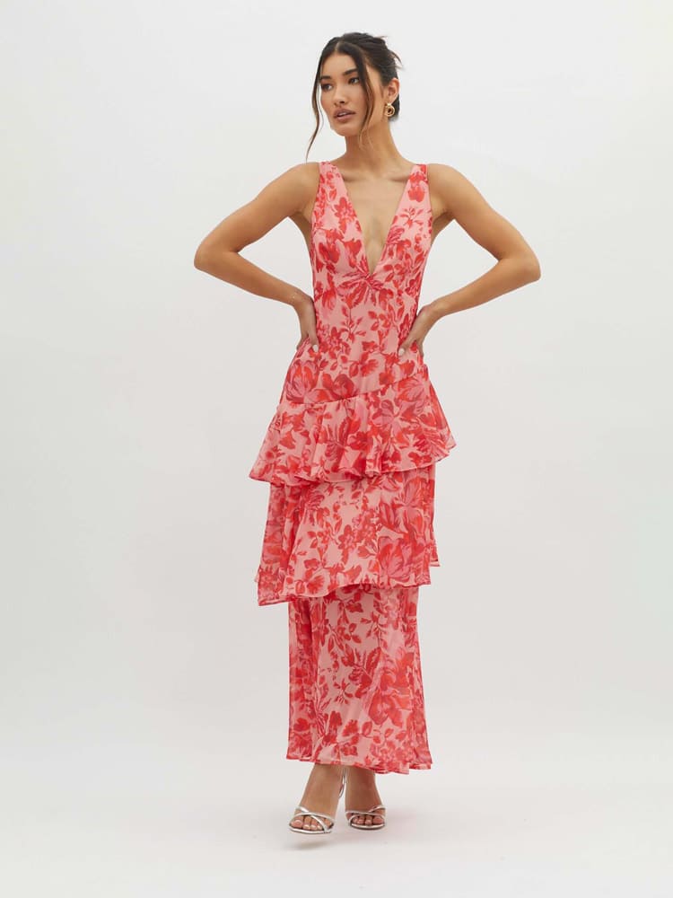 Floral Sleeveless Deep V-Neck Tiered Maxi Dress