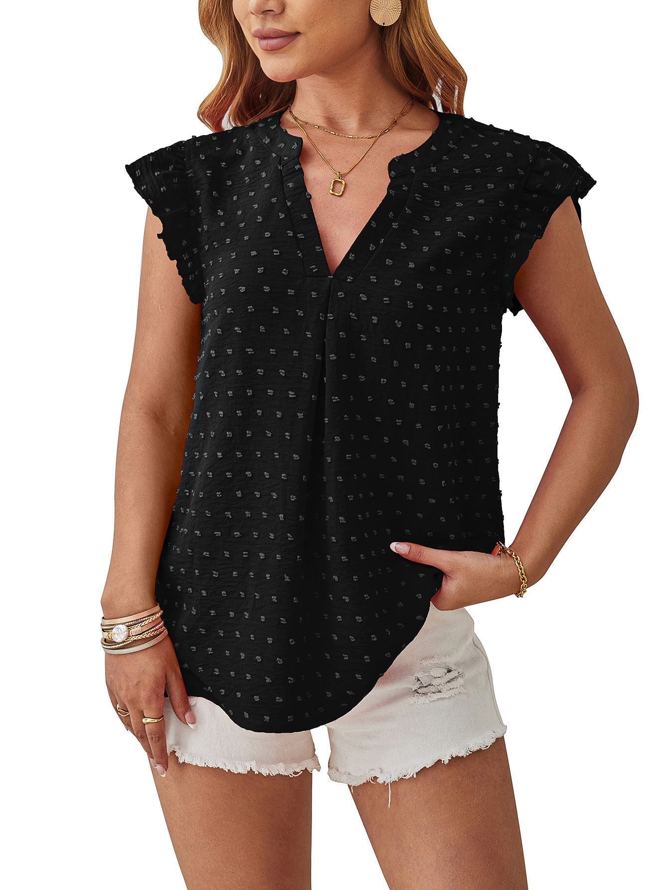 Blouse met structuur, volantmouwen en V-hals met split