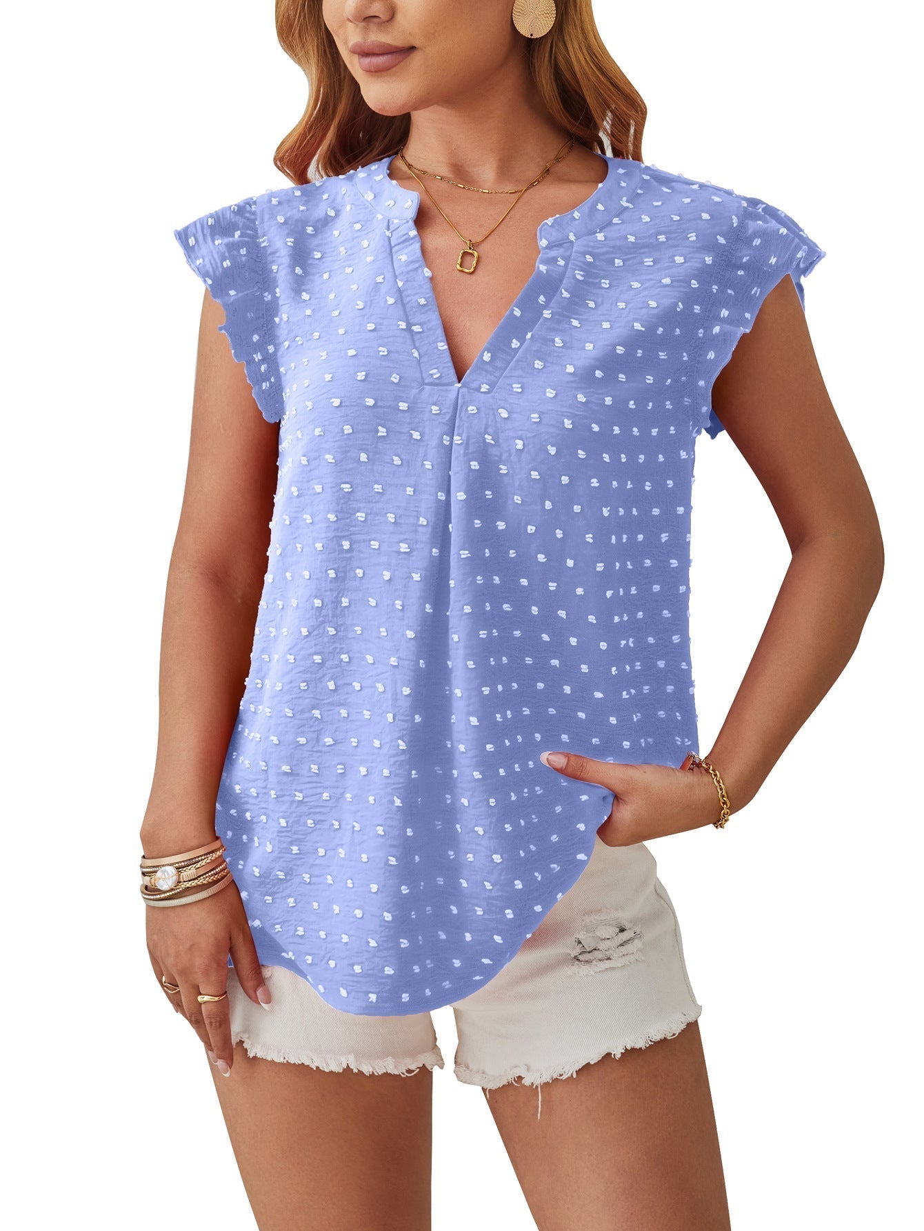 Blouse met structuur, volantmouwen en V-hals met split