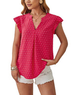 Blouse met structuur, volantmouwen en V-hals met split