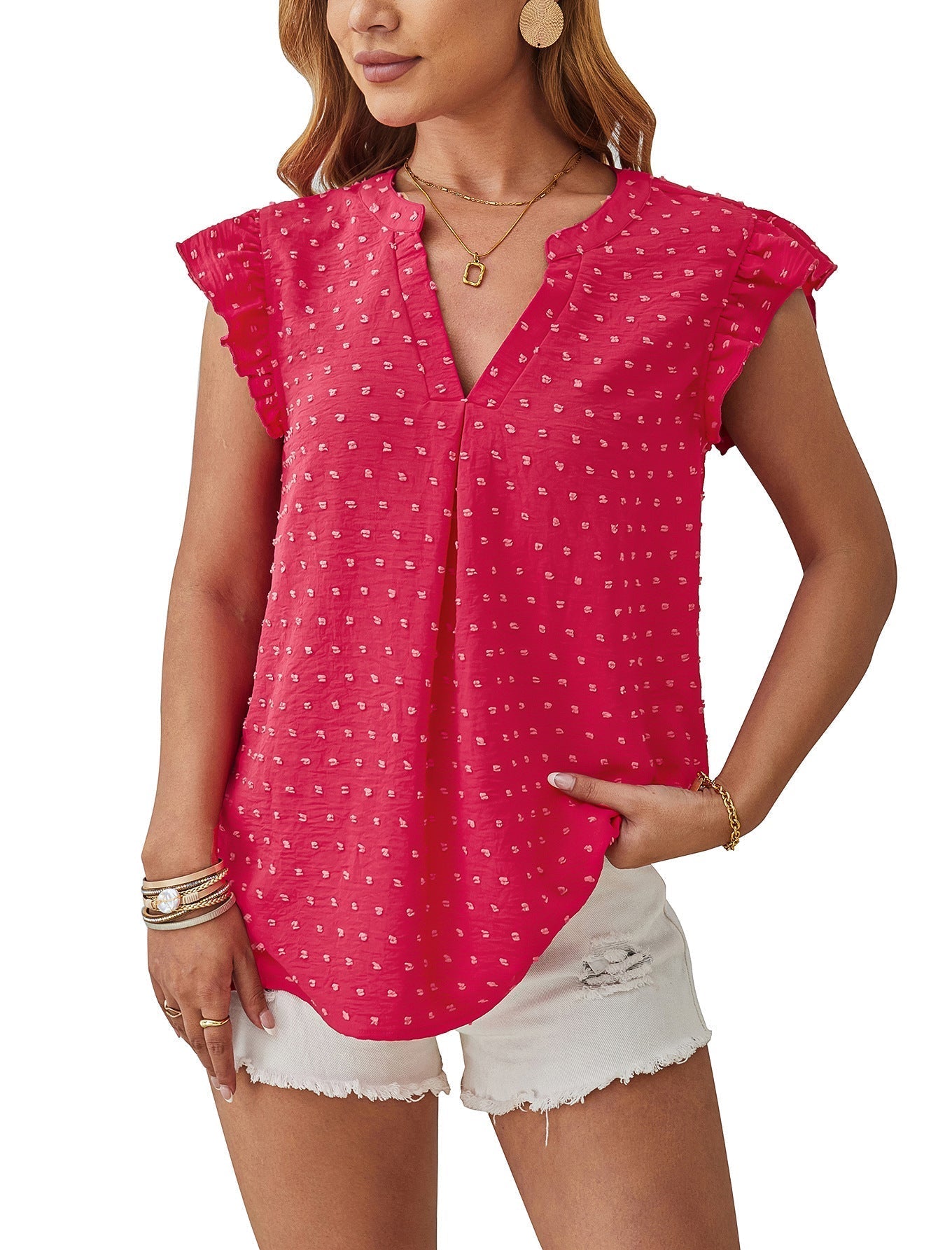 Blouse met structuur, volantmouwen en V-hals met split