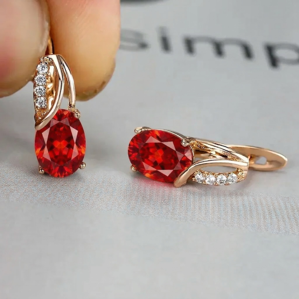 Red Oval Stone Drop Earrings in Gold Tone