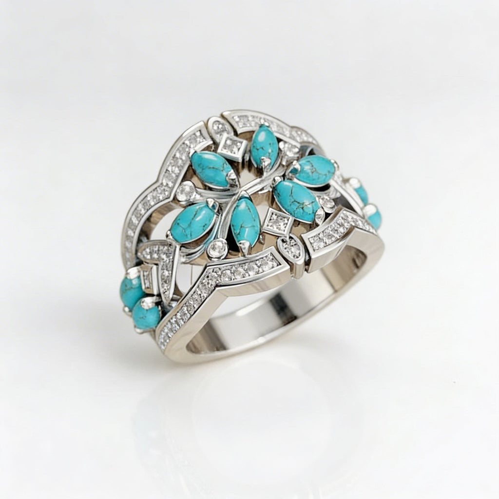 Vintage-Style Bohemian Turquoise Floral Cluster Ring