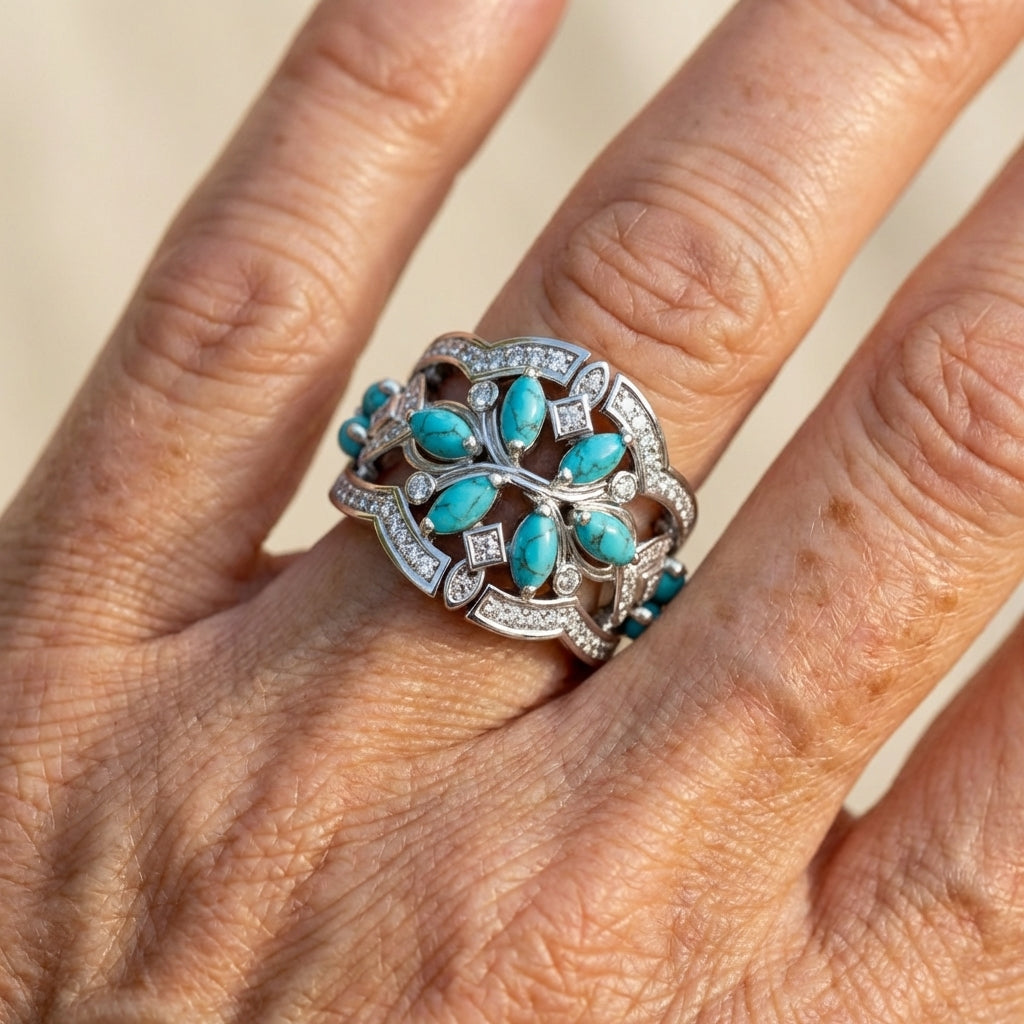 Vintage-Style Bohemian Turquoise Floral Cluster Ring