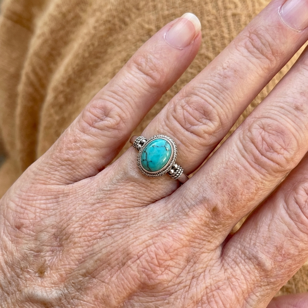 Vintage-Style Bohemian Turquoise Round Silver-Tone Ring