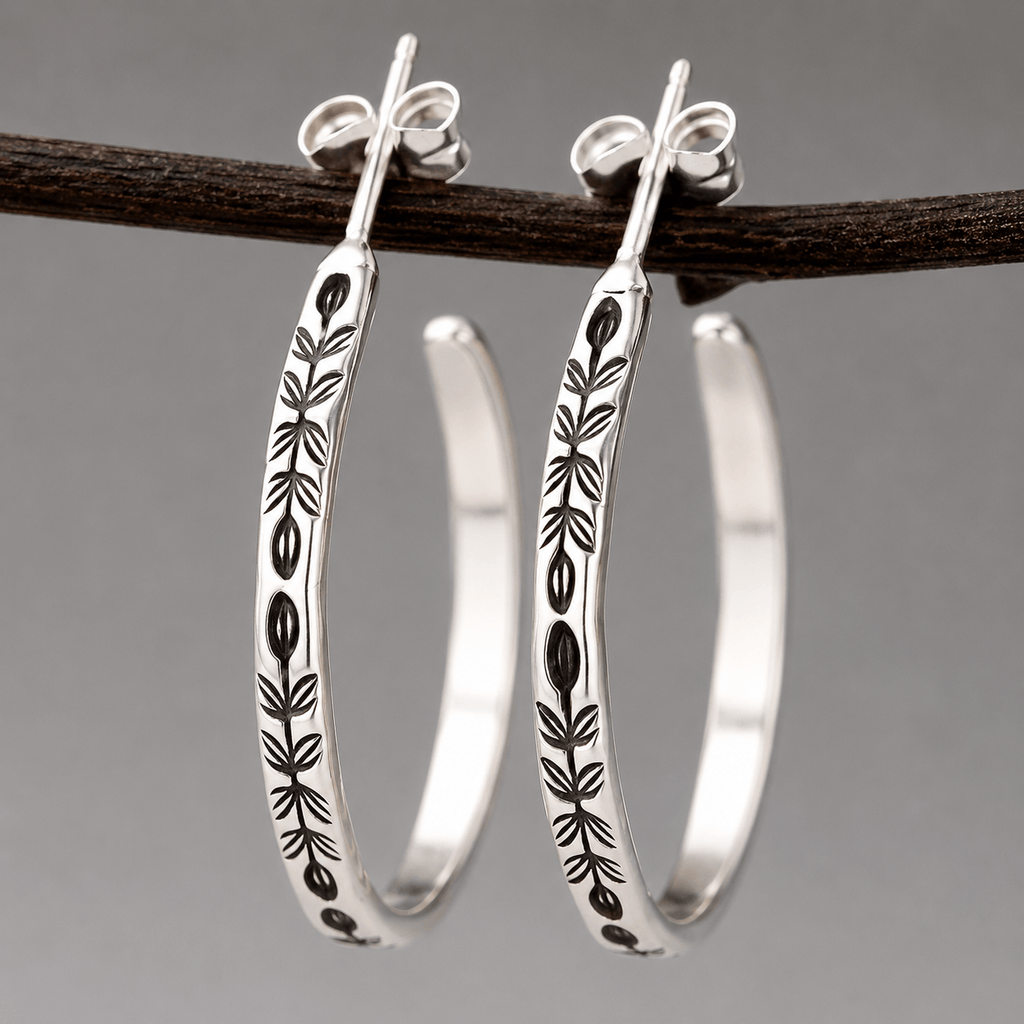 Vintage Botanical Engraved Silver-Tone Hoop Earrings