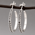 Vintage Botanical Engraved Silver-Tone Hoop Earrings
