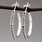 Vintage Botanical Engraved Silver-Tone Hoop Earrings