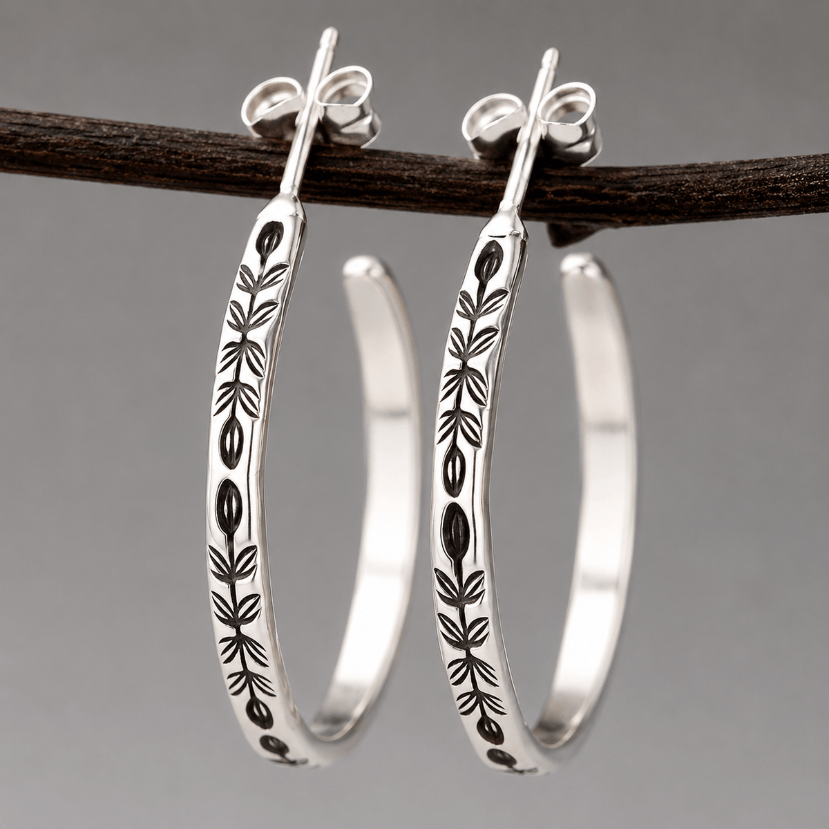 Vintage Botanical Engraved Silver-Tone Hoop Earrings