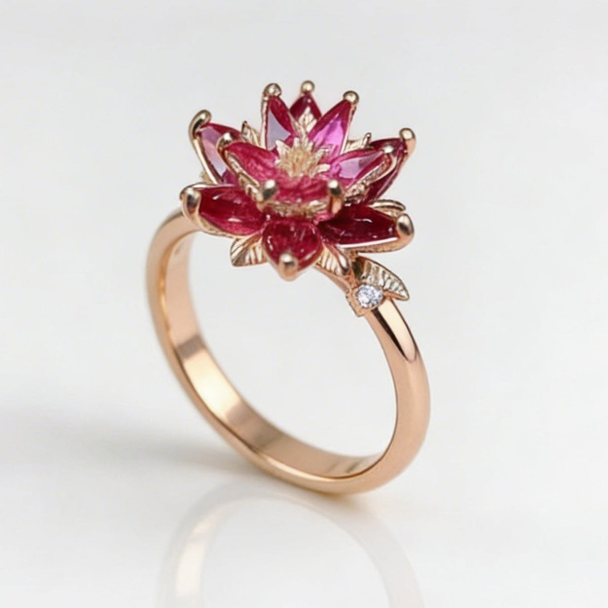 Vintage-Style Handmade Red Cubic Zirconia Lotus Flower Ring