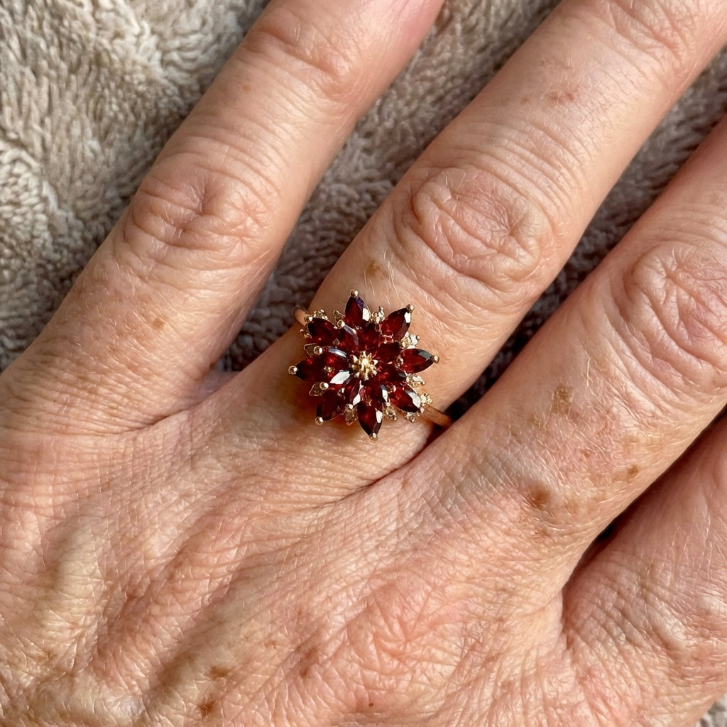 Vintage-Style Handmade Red Cubic Zirconia Lotus Flower Ring