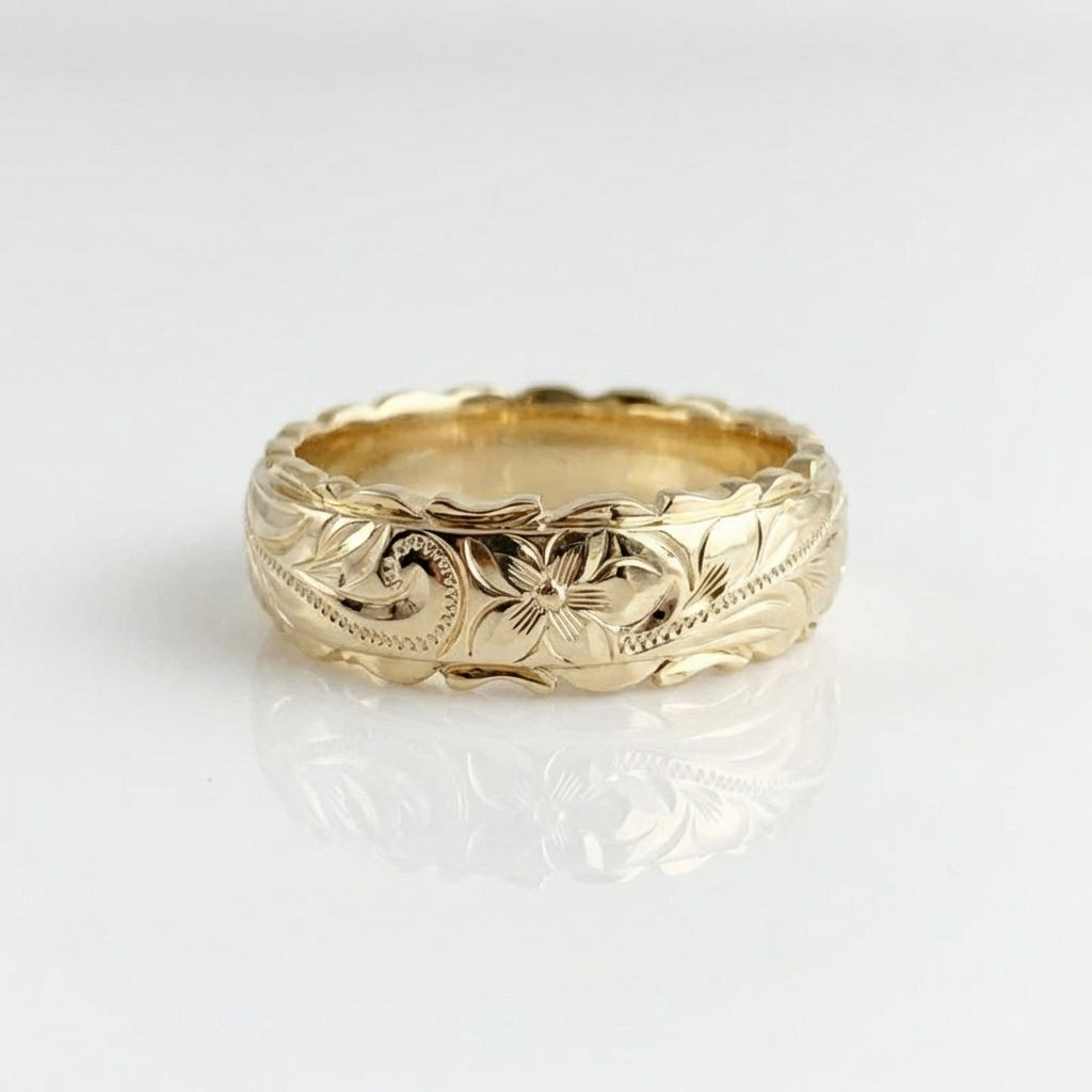 Vintage-Style Floral Engraved Gold-Plated Band Ring