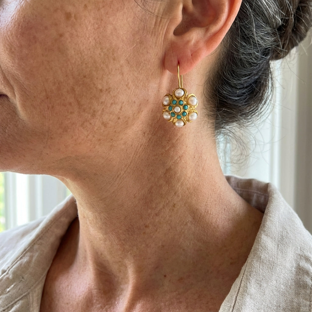 Vintage Turquoise and Pearl Medallion Earrings