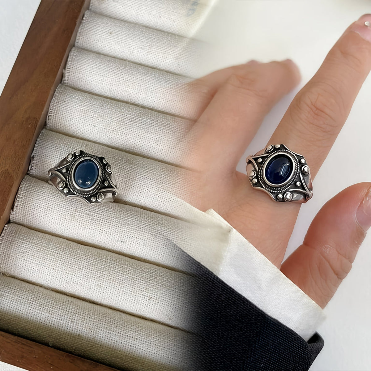 Vintage-Style Midnight Blue Inlaid Stone Ring