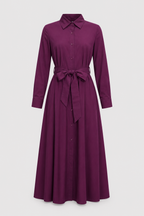 Cotton Twill Maxi Shirt Dress with Tie Waist and Collar
