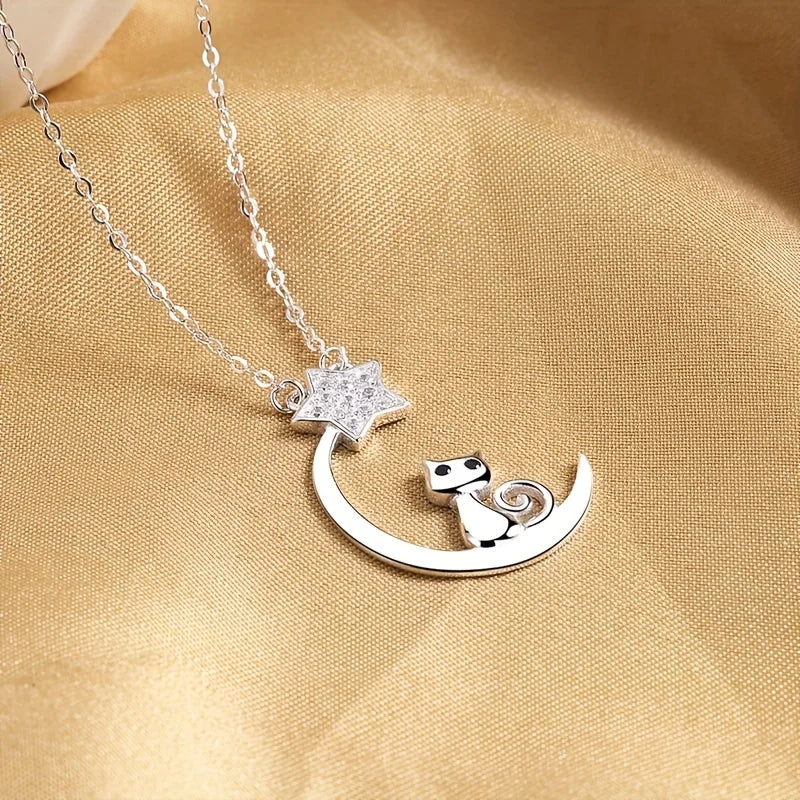 Sterling Silver Cat, Moon and Star Necklace