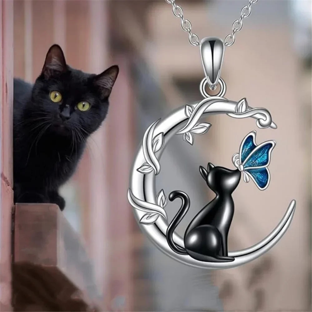 Moon, Cat and Butterfly Crystal Pendant Necklace