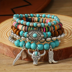 Boho Western Layered Bracelet Set with Turquoise, Silver and Wood