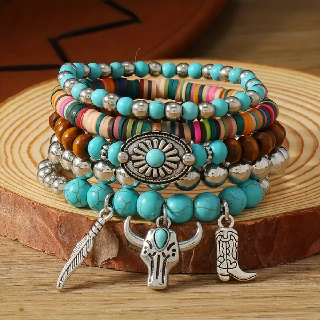 Boho Western Layered Bracelet Set with Turquoise, Silver and Wood