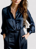 Satin Blouse with Long Sleeves and Button Front