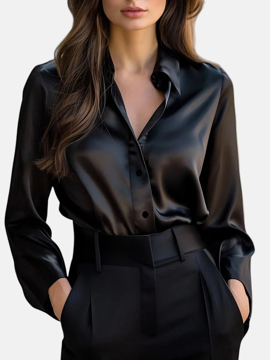 Satin Blouse with Long Sleeves and Button Front