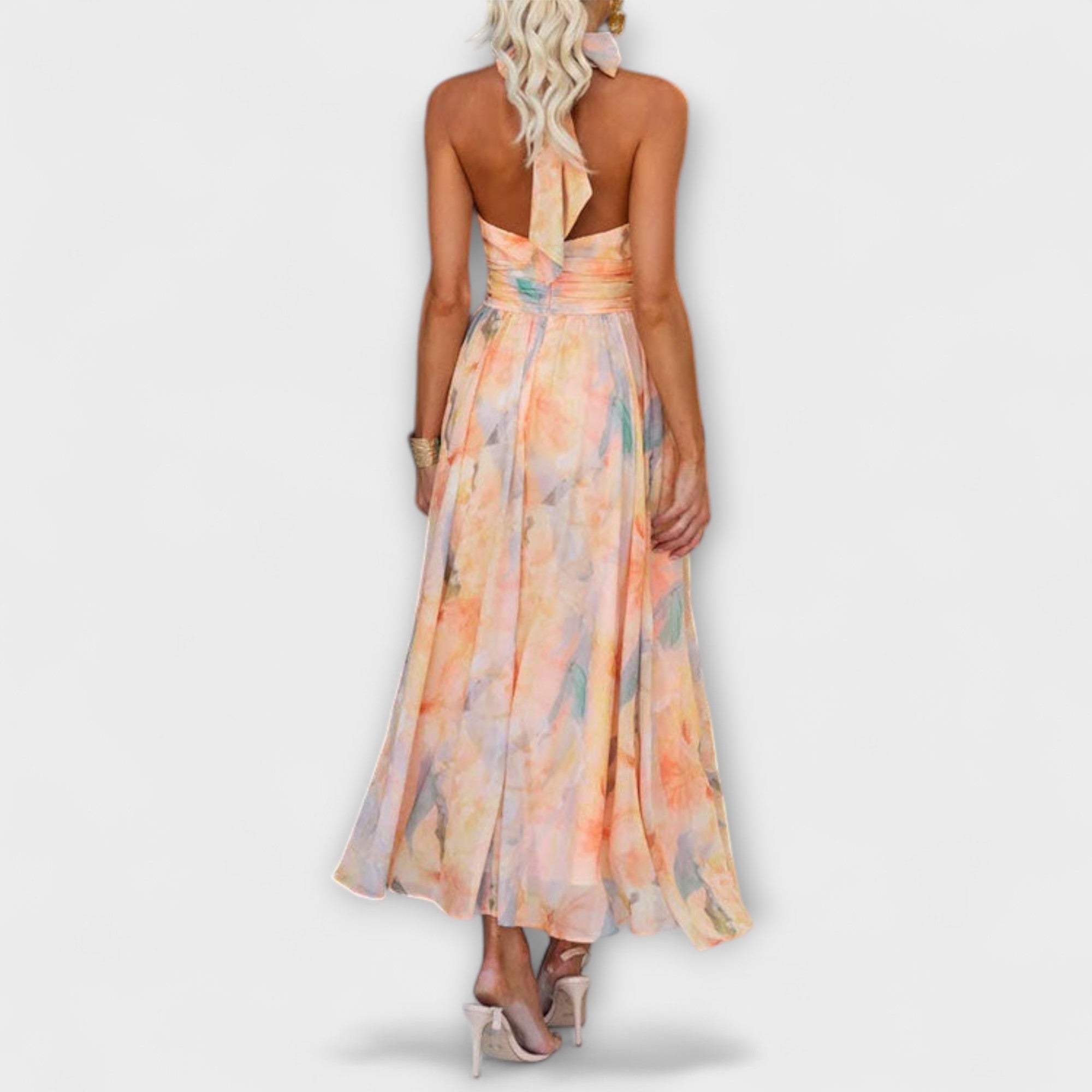 Watercolour Floral Halter Neck Tie-Back Maxi Dress