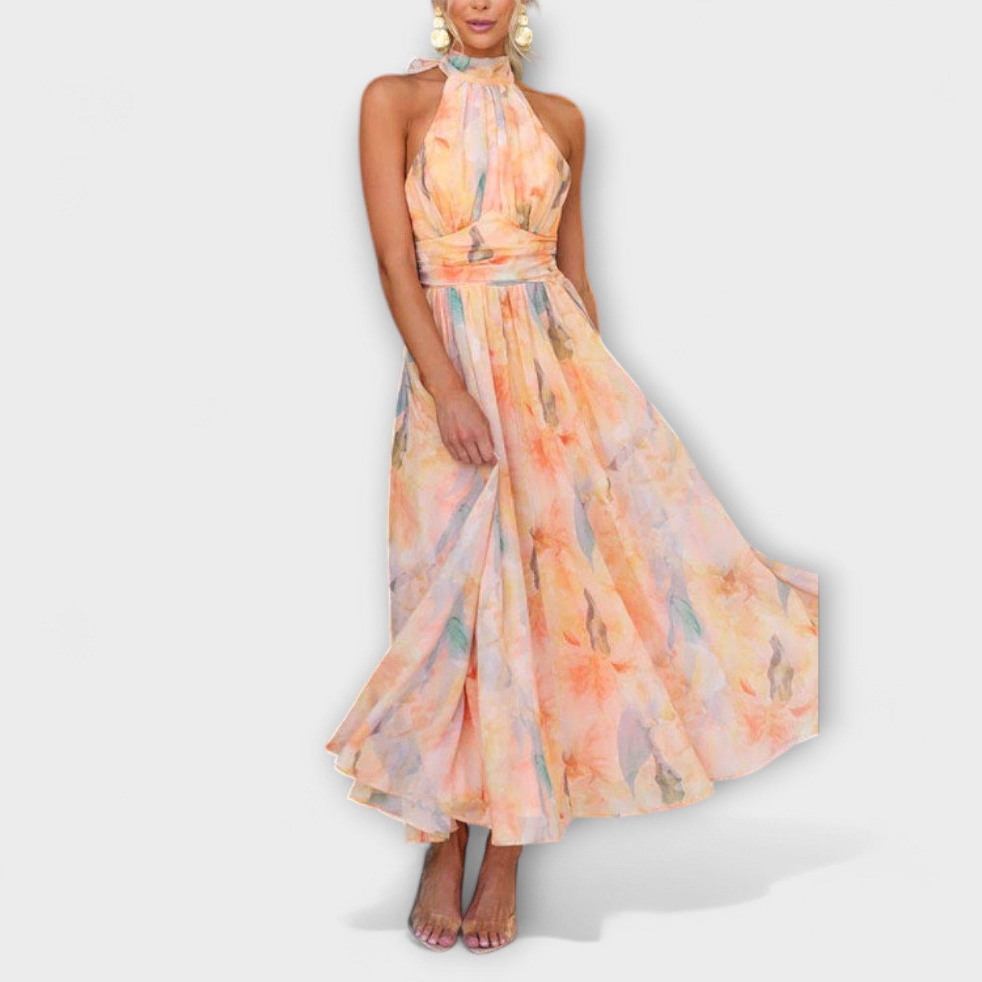 Watercolour Floral Halter Neck Tie-Back Maxi Dress
