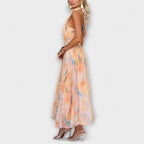 Watercolour Floral Halter Neck Tie-Back Maxi Dress