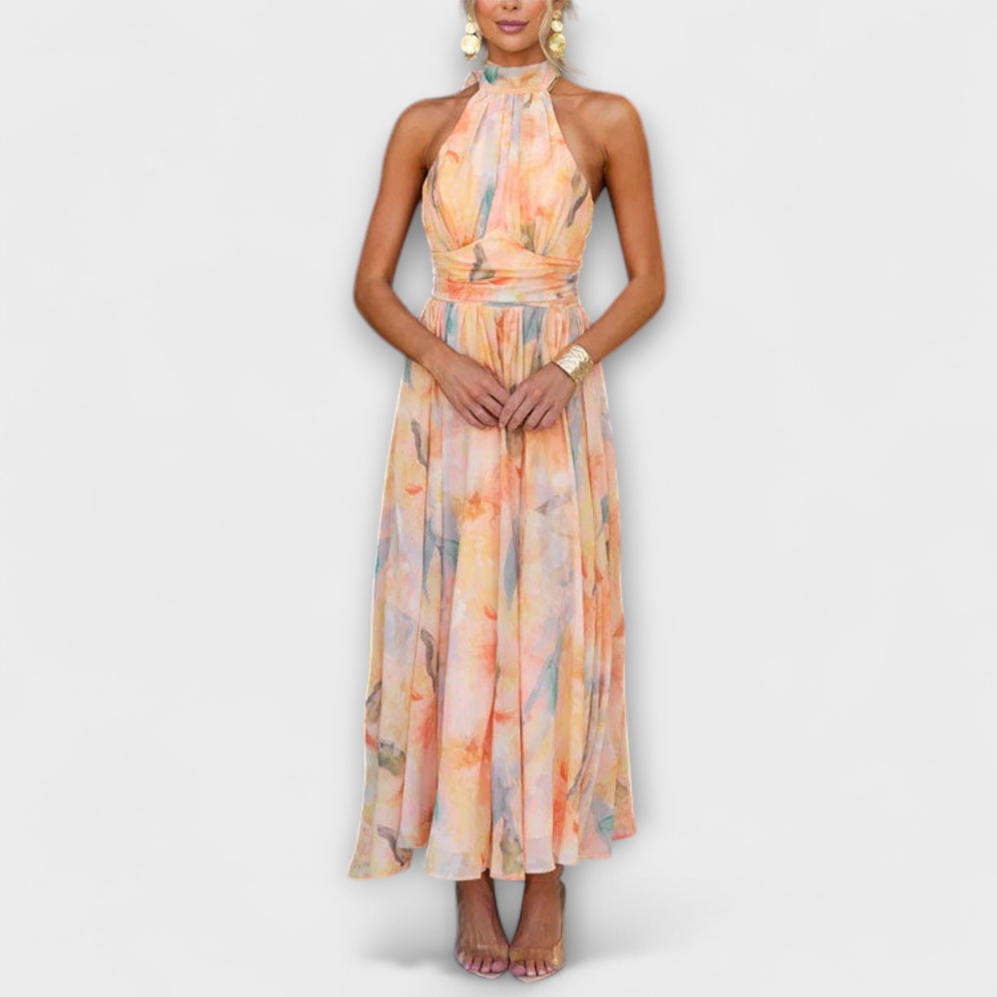 Watercolour Floral Halter Neck Tie-Back Maxi Dress
