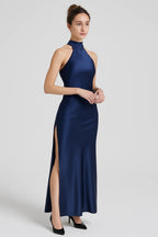 Halter Neck Side-Slit Straight-Cut Maxi Dress