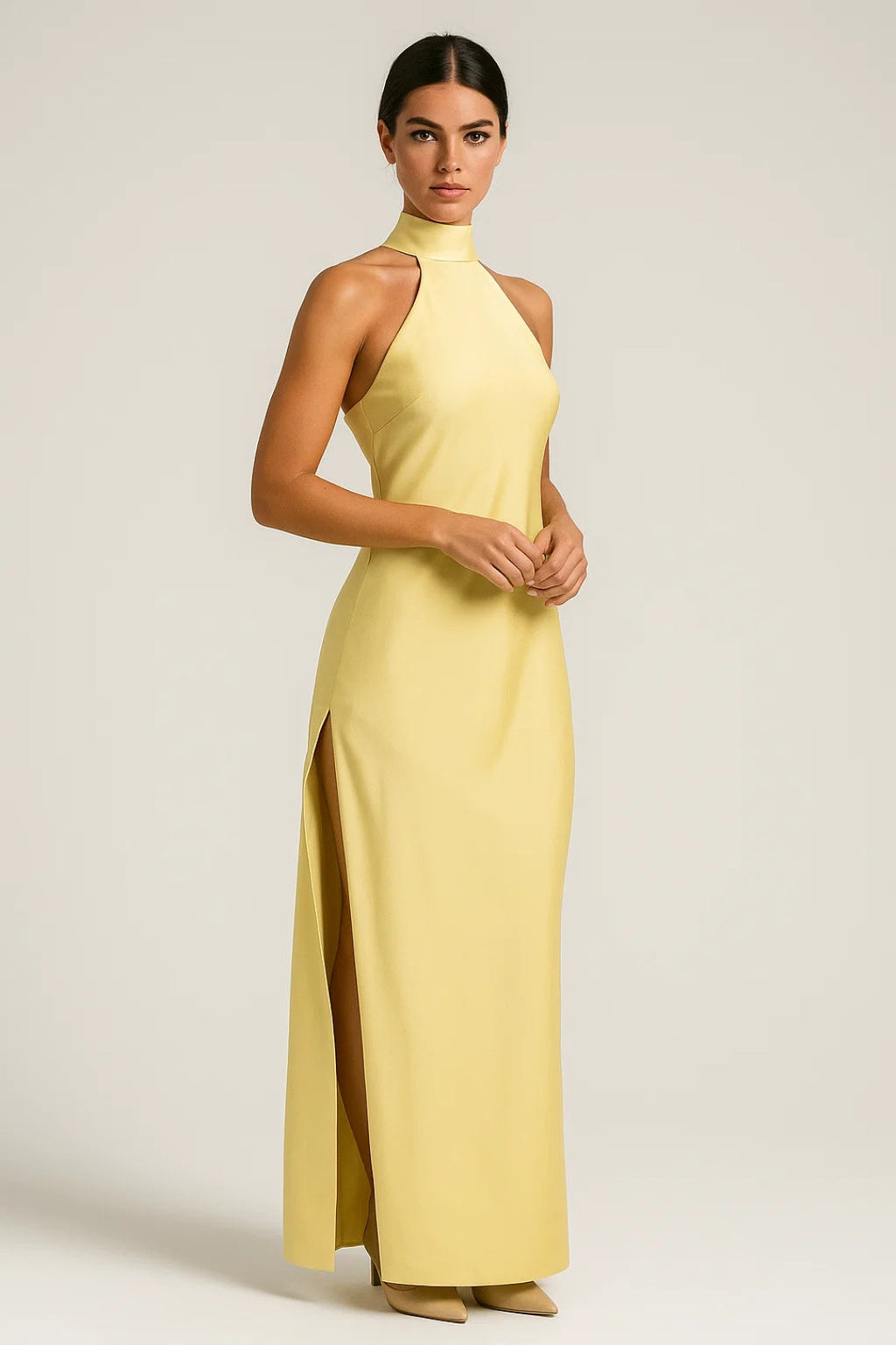 Halter Neck Side-Slit Straight-Cut Maxi Dress