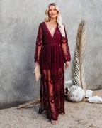 V-Neck Bell Sleeve Side-Slit Lace Maxi Dress