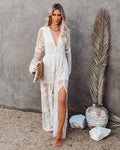 V-Neck Bell Sleeve Side-Slit Lace Maxi Dress