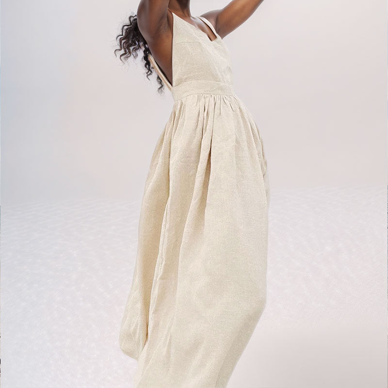 Sleeveless Tie-Strap Gathered Waist Maxi Dress