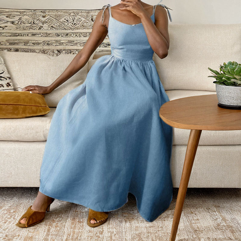 Sleeveless Tie-Strap Gathered Waist Maxi Dress
