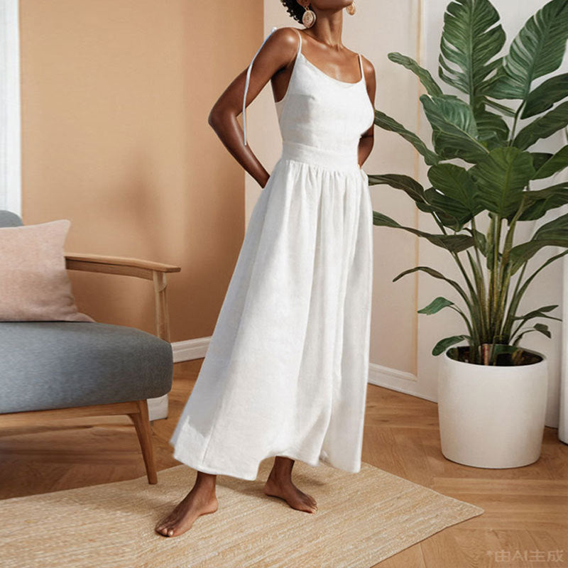 Sleeveless Tie-Strap Gathered Waist Maxi Dress