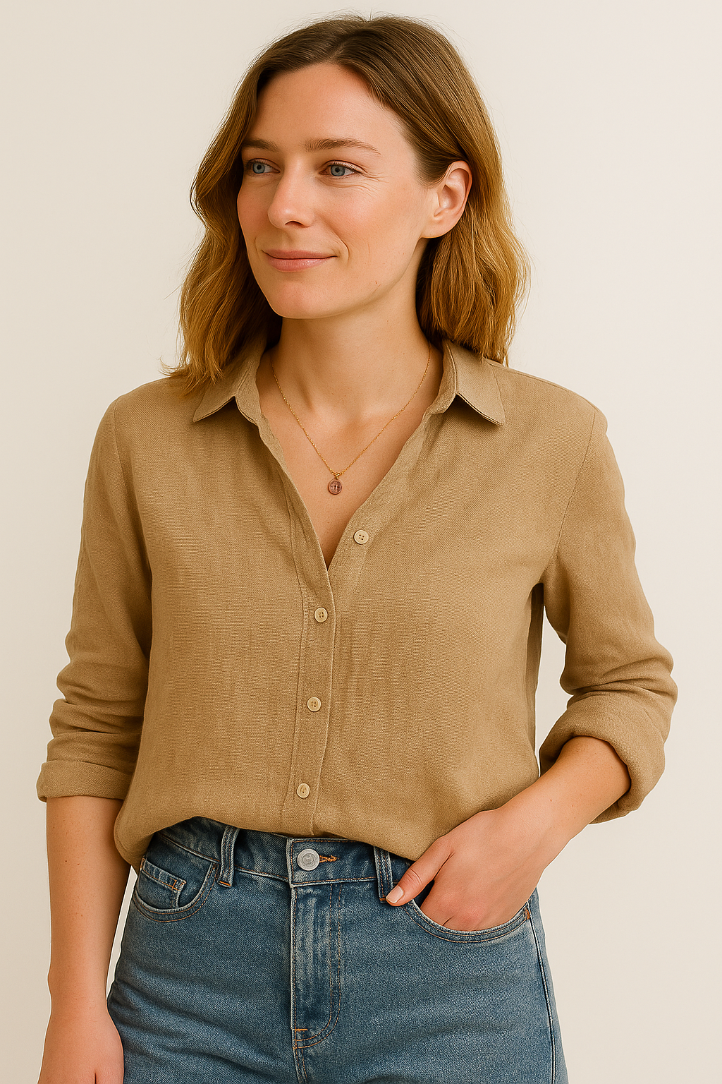 Short Sleeve V-Neck Blouse in Linen with Lace Trim