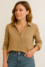 Short Sleeve V-Neck Blouse in Linen with Lace Trim