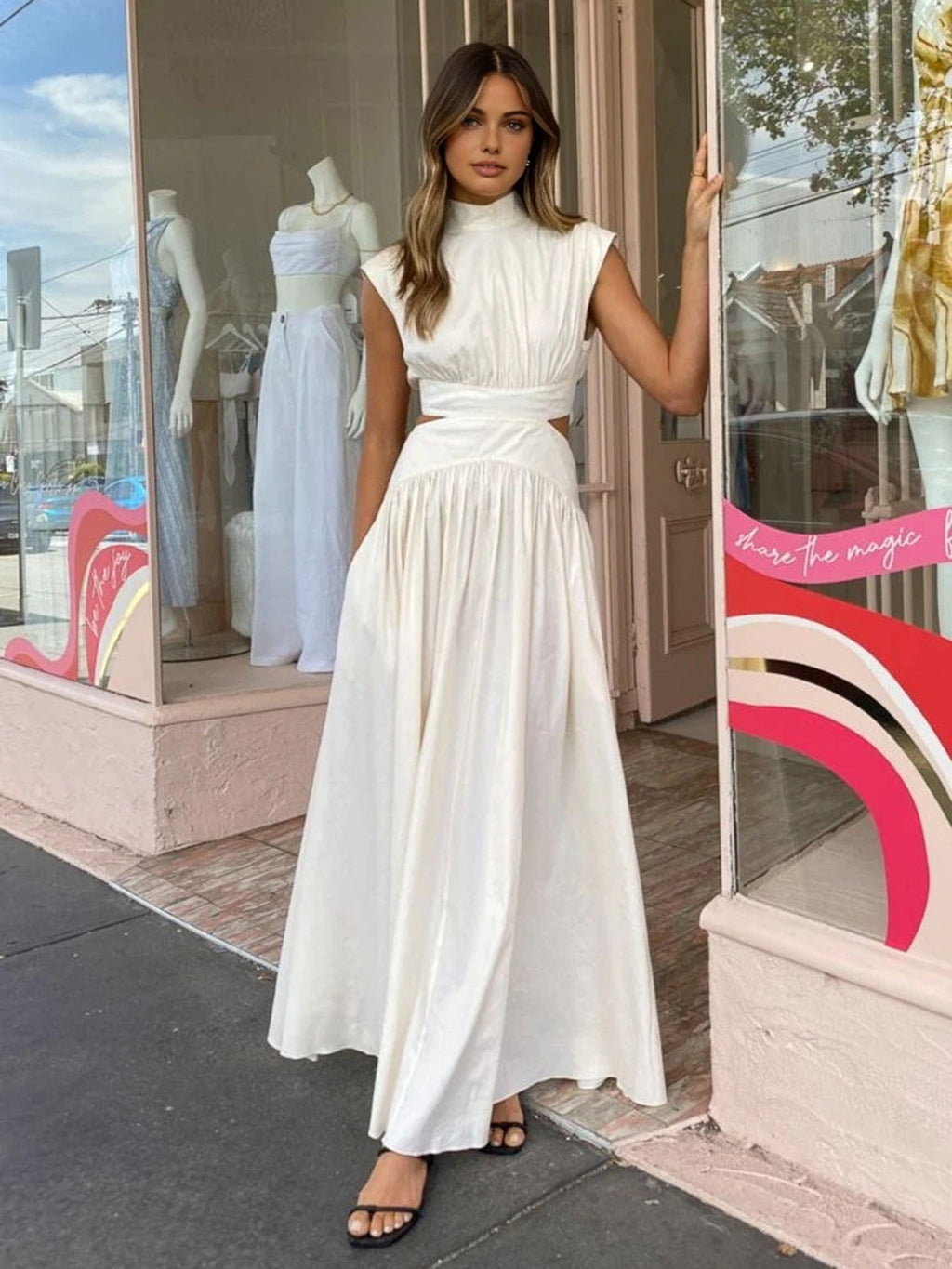 High Neck Side Cut-Out Belted Maxi Dress