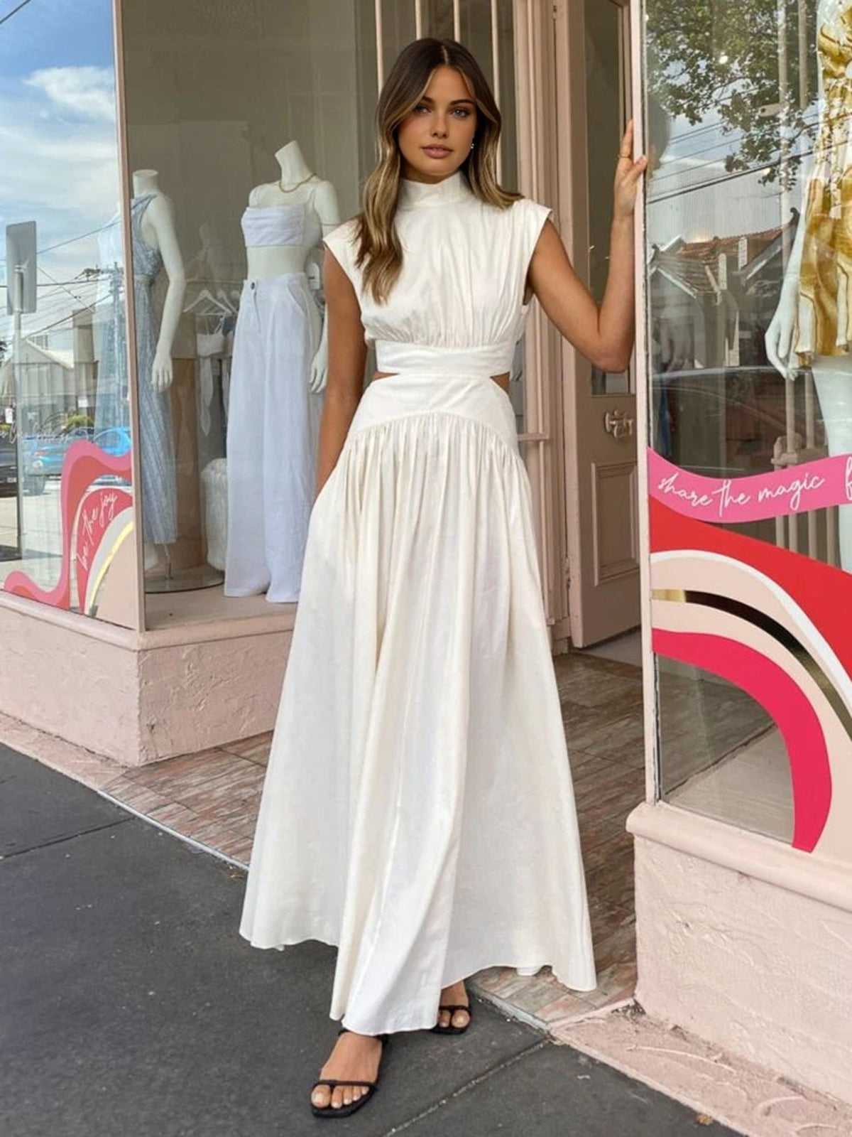 High Neck Side Cut-Out Belted Maxi Dress