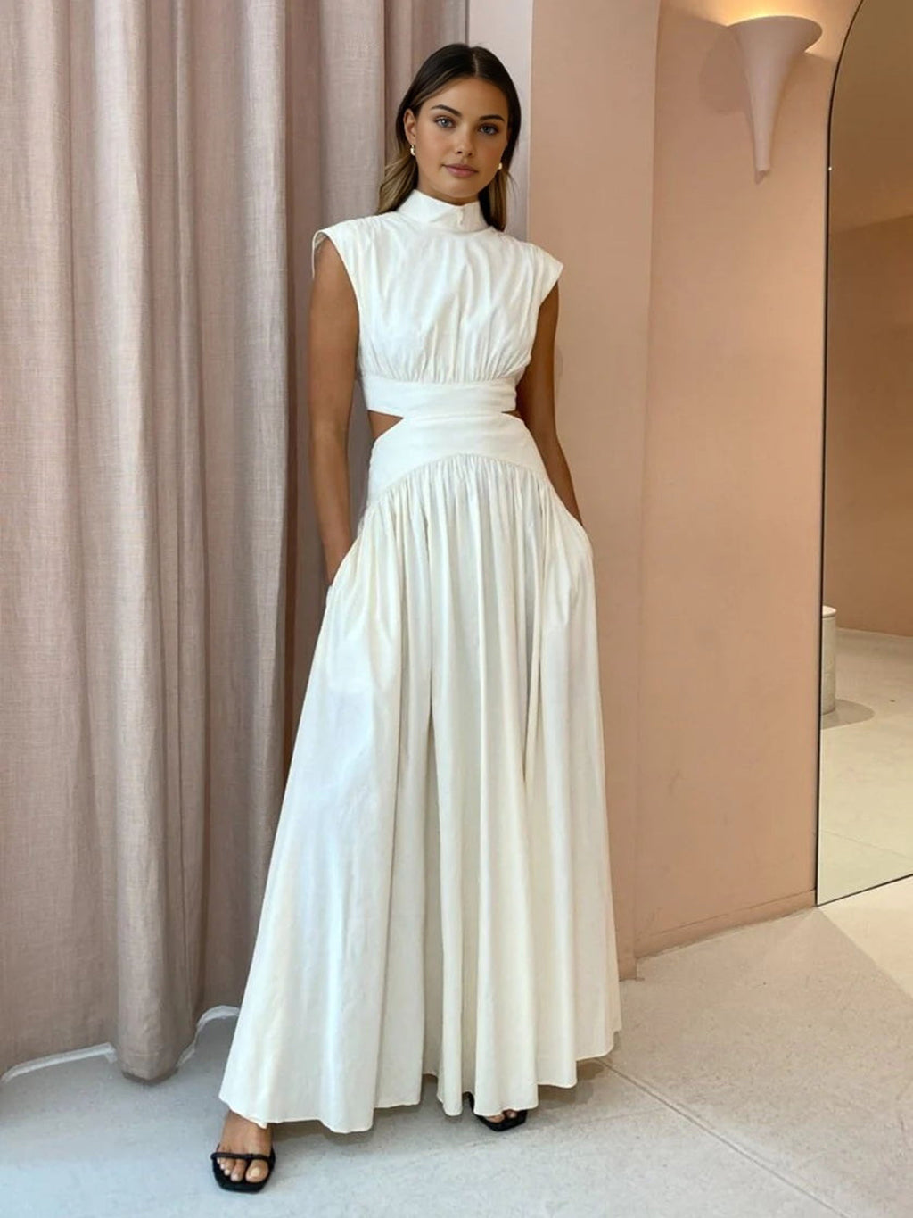 High Neck Side Cut-Out Belted Maxi Dress