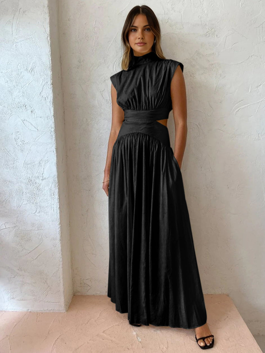High Neck Side Cut-Out Belted Maxi Dress