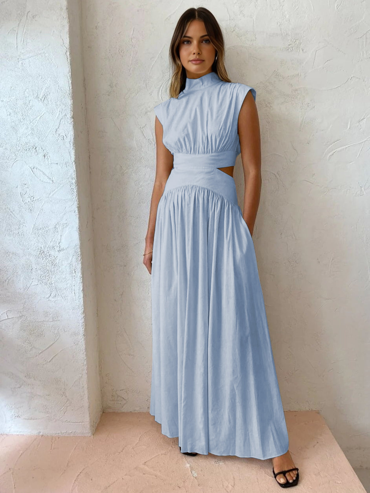 High Neck Side Cut-Out Belted Maxi Dress