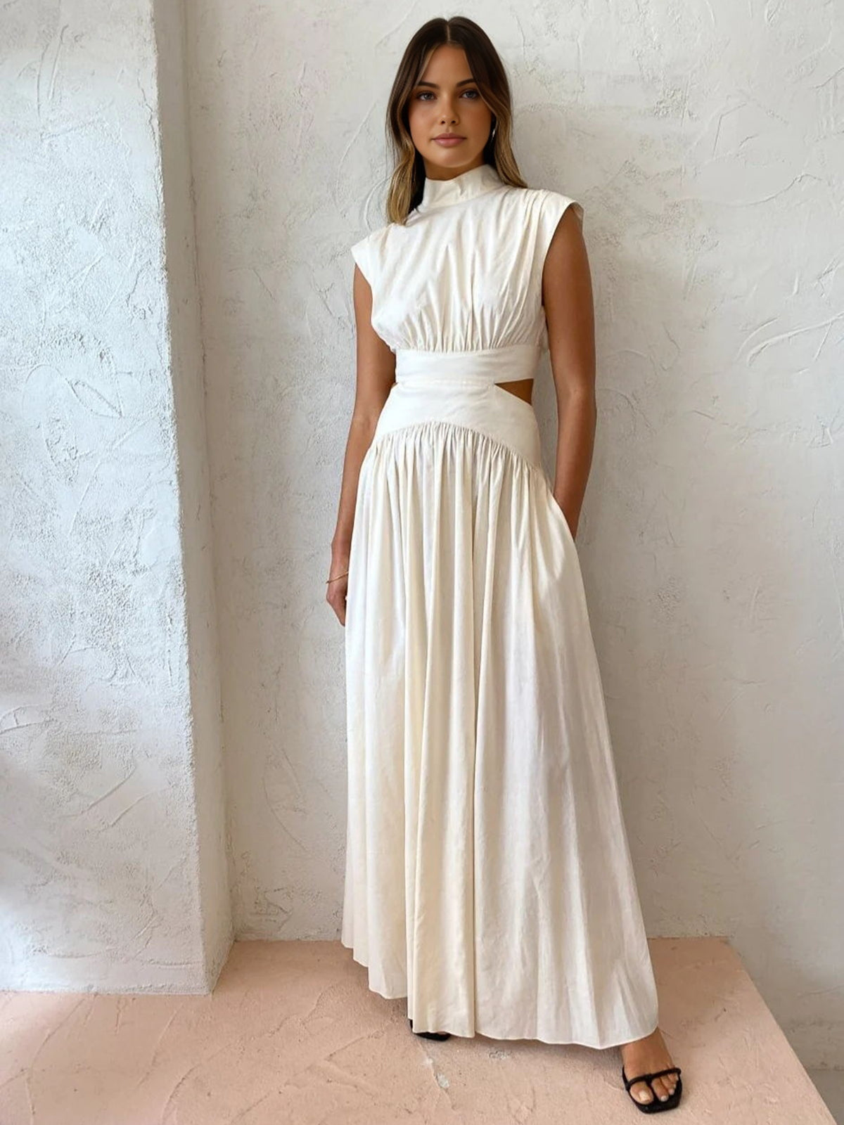 High Neck Side Cut-Out Belted Maxi Dress