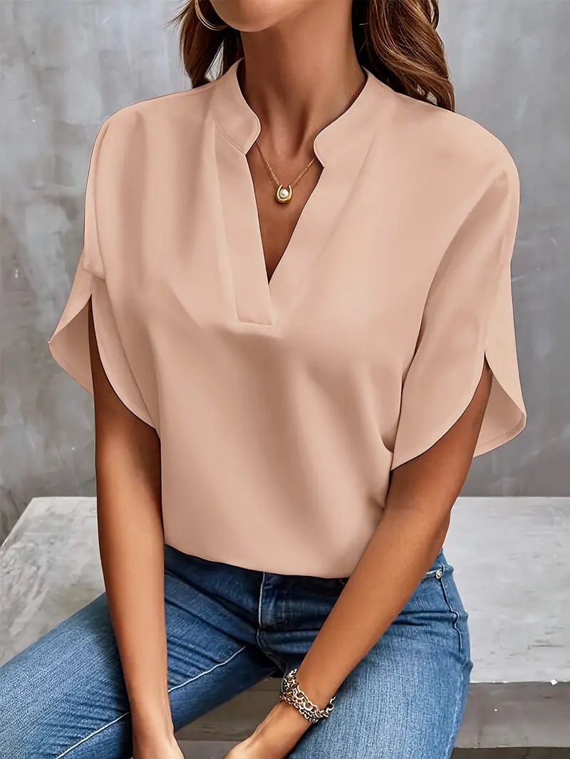 Pleated V-Neck Blouse with Long Sleeves