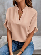 Pleated V-Neck Blouse with Long Sleeves